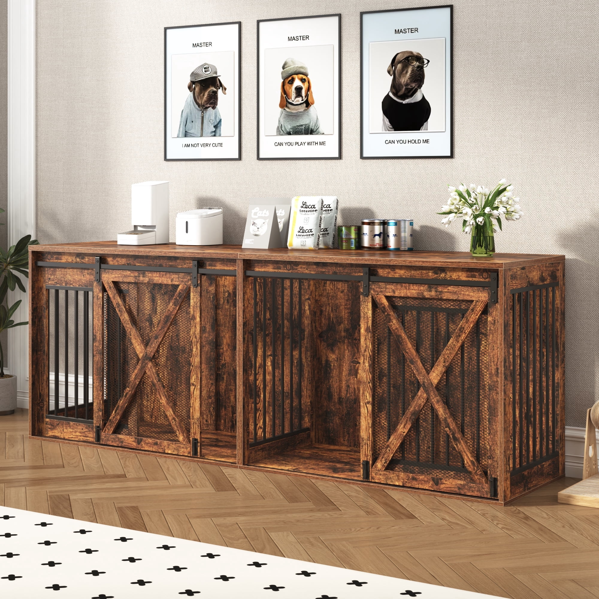 Nordee 94.5" Wooden Dog Crate Furniture for 2 Large Dogs, Heavy Duty Double Dog Kennel with Divider, Extra Large Breed, 35.4" Tall,Rustic Brown