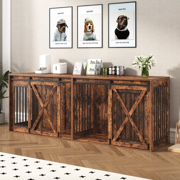 Nordee 94.5" Wooden Dog Crate Furniture for 2 Large Dogs, Heavy Duty Double Dog Kennel with Divider, Extra Large Breed, 35.4" Tall,Rustic Brown