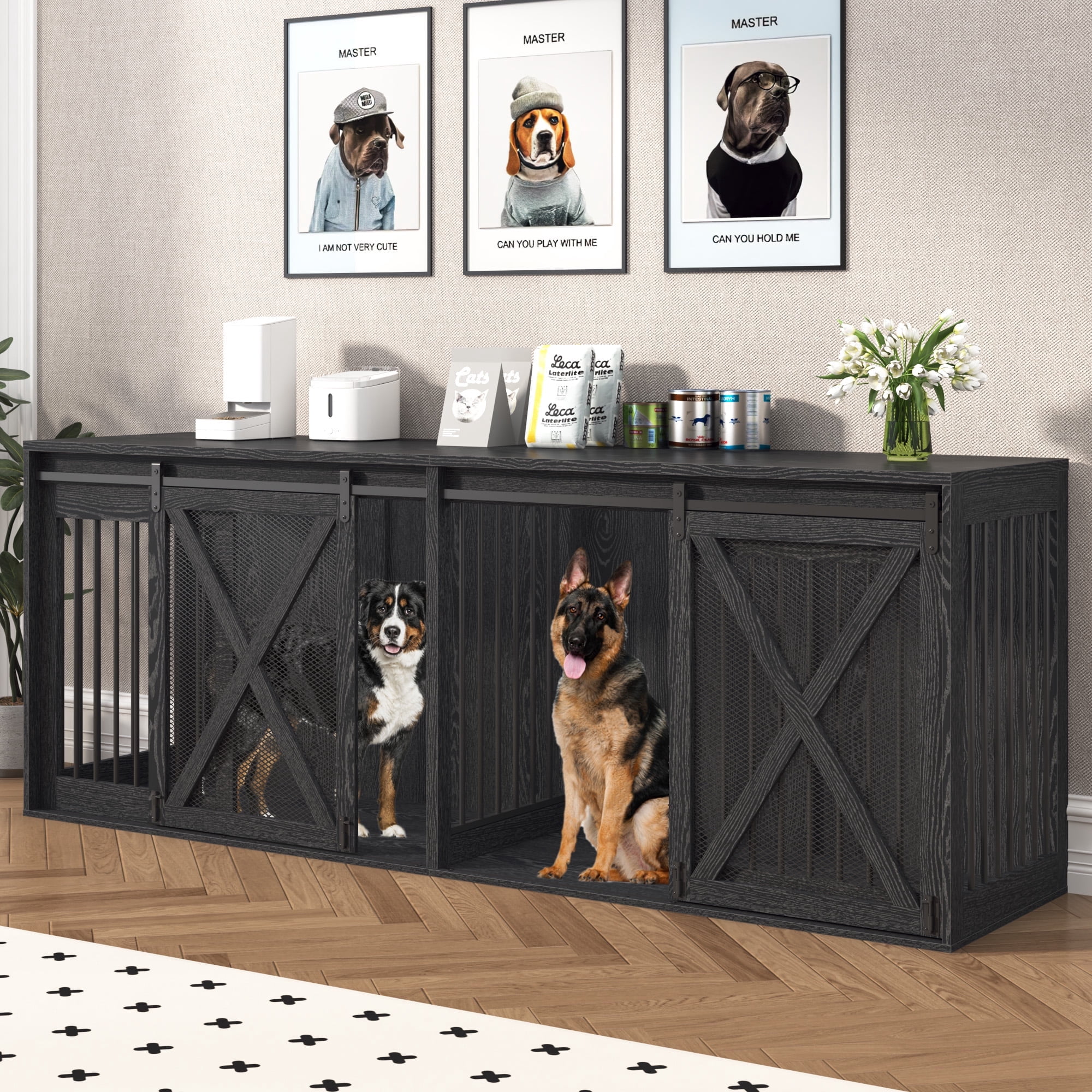 Nordee 94.5" XXXL Dog Crate Furniture for 2 Large Dogs, Heavy Duty Double Dog Cage Extra Large Breed, 35.4" Tall Thick Wooden Dog Kennel TV Stand with Divider, Black