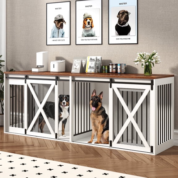 Nordee 94.5" XXXL Dog Crate Furniture for 2 Large Dogs, Heavy Duty Double Dog Cage Extra Large Breed, 35.4" Tall Thick Wooden Dog Kennel TV Stand with Divider, White
