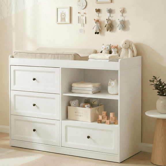 Nordee Changing Table Dresser, Baby Nursery Dresser with 4 Drawers and 2 Adjustable Shelves, Wooden Baby Diaper Changing Station, White