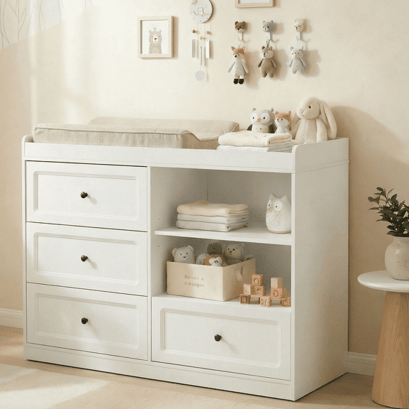 Nordee Changing Table Dresser, Baby Nursery Dresser with 4 Drawers and 2 Adjustable Shelves, Wooden Baby Diaper Changing Station, White