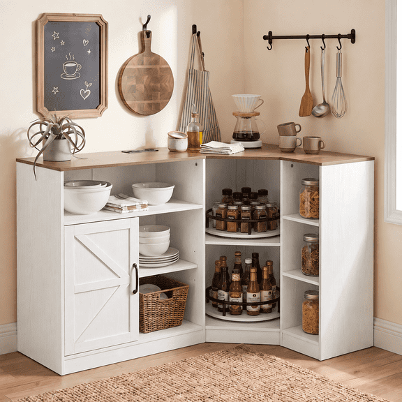 Nordee Farmhouse L-Shaped Corner Pantry Cabinet with Charging Station, 2-Tier Lazy Susan Turntable & Adjustable Shelves for Kitchen, Dining Room, Living Room, Black