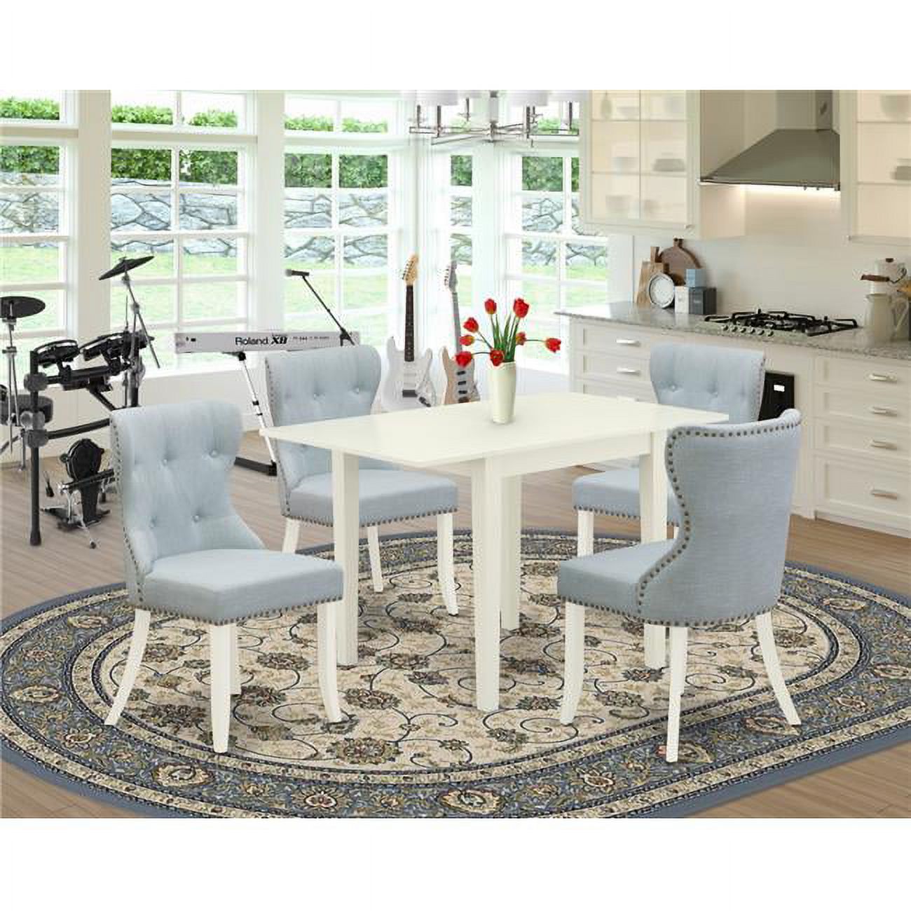 Norden Wooden Dining Table Set - Linen White & Baby Blue, Set of 4 ...
