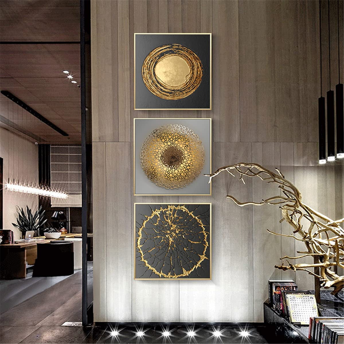 Nordic Abstract Black Gold Geometric Wall Art Canvas Painting 3 Pieces