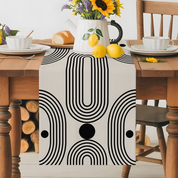 Nordic Abstract Black Stripe Circle Table Runner 36 Inches Long, Non-Slip Kitchen Table Runners for Dining Room Everyday Use Party Table Decorations Boho Arch on Beige