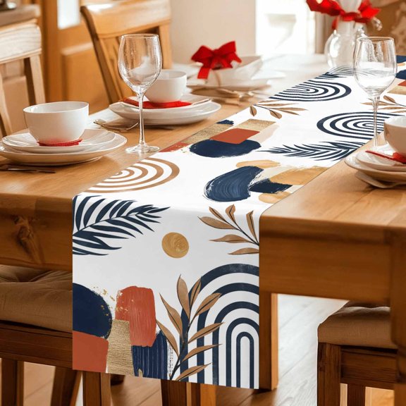 Nordic Abstract Leaves Arch Sun Table Runner 36 Inches Long,Kitchen Dining Tablerunners Terracotta Aesthetic Color Block Linen Table Runners Dresser Scarves for Home Dinner Wedding Holiday Party