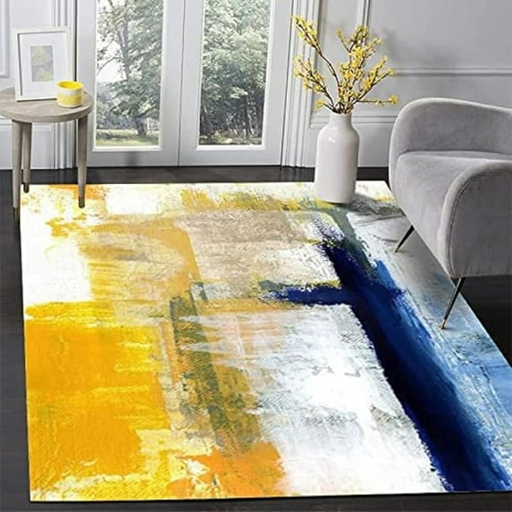 Nordic Abstract Oil Painting Area Rug, Yellow Navy Blue White Living Room Area Rugs, Ultra Soft Non-Slip Washable Durable Mat For Bedroom Porch Hallway Dining Table Office 2x3ft