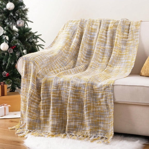 Nordic Abstract Plaid Throw Blanket 59.84 x 50 in with Tassel Fringe for Sofa Couch Bed Living Room Home Decor Accent Gift