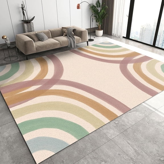 Nordic Abstract Rainbow Geometry Area Carpet, Modern Mid Century Washable Rug, Anti-Slip Low Pile No Crease Pet Friendly Mat For Living Room Bedroom Kitchen Entryway Hallway Garden 5x6ft