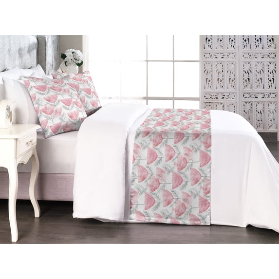 Nordic Bed Runner Set, Scandinavian Style of Flowers Abstract Design Repetitive Artwork, Decorative Bedding Scarf & 2 Pillow Shams for Hotels Homes, Queen, Pastel Pink and Pale Grey, by Ambesonne