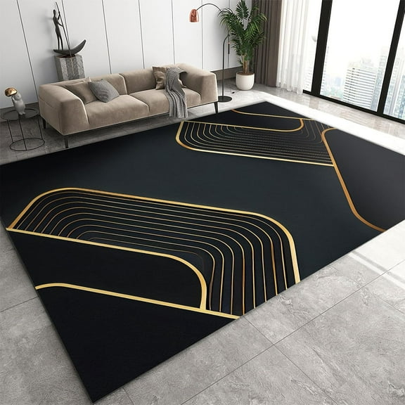 Nordic Black Gold Area Rug, Modern Abstract Black Gold Ribbon Bedroom Rug, Machine Washable Soft Carpet for Living Room Apartment Entryway Outdoor, 2'x3'