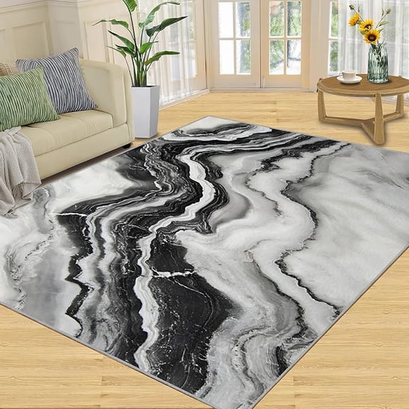 Nordic Black and Gray Washable Rugs for Living Room Bedroom, Black and White Marble Rug & Home Decor, Modern Gray Marble Area Rug Geometric Stripes Non Slip Indoor Carpet & Gifts 2 x 3ft