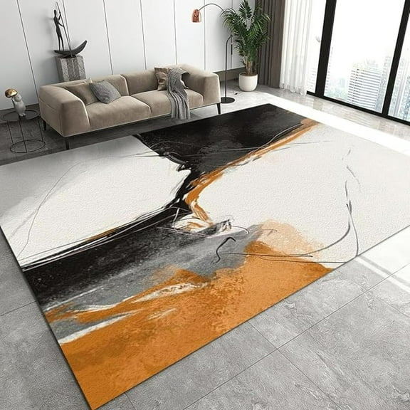 Nordic Black Orange Ink Area Rug, Boho Irregular Abstract Graphics Indoor Non Slip Large Area Rugs, Machine Washable Breathable Durable Carpet For Living Room Bedroom Office 1x2ft