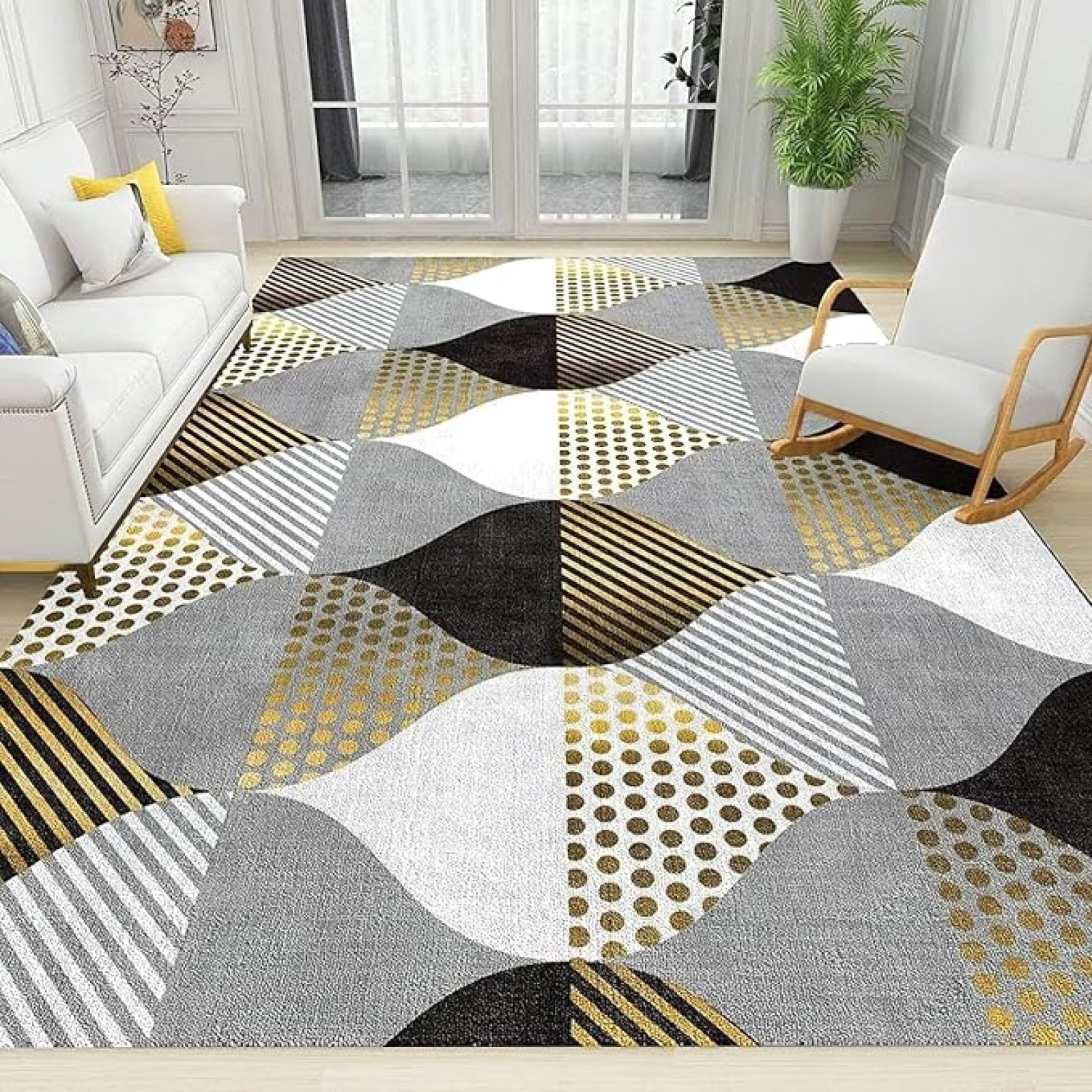 Lined Pattern Rug Nordic Black White Gold Abstract Geometric Area Rug, Modern Polka Dot ...