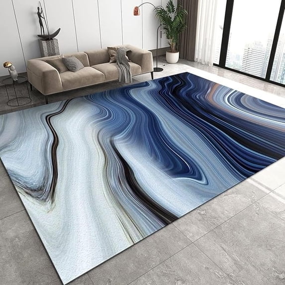 Nordic Blue-Brown Marble Area Rug, Abstract Striped Waves Large Rugs, Easy Clean Carpet Washable Indoor Non-Slip Rug For Boys And Girls Bed Living Room Carpets Nursery Decor 5x7ft