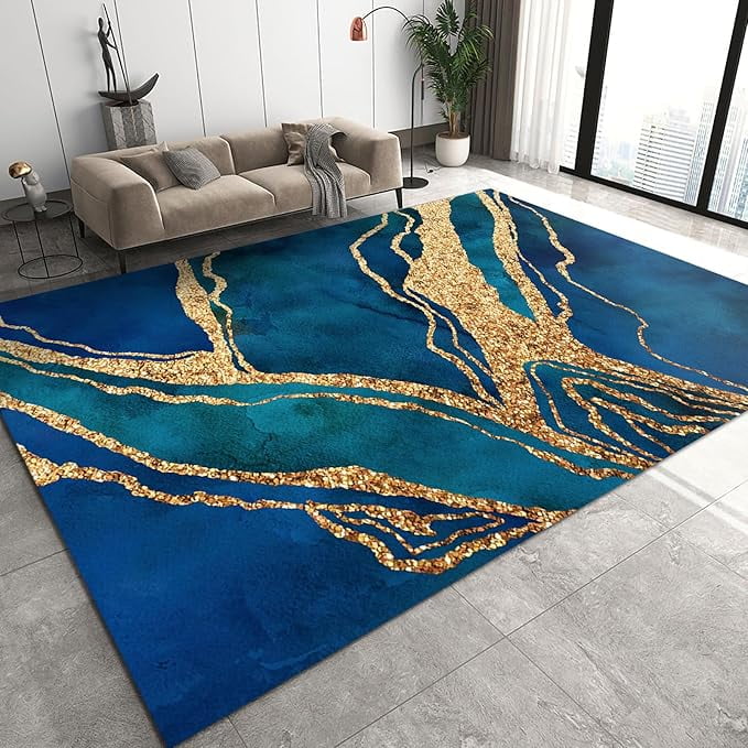 Nordic Blue Watercolor Area Rug, Golden Texture Carpet, Soft Washable ...