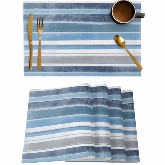 Nordic Blue White Geometric Stripes Placemats Set of 4,Wipeable Washable Table Mats for Dining Tables,Gradient Abstract Art Place Mats for Kitchen Event Party Tabletop Decor