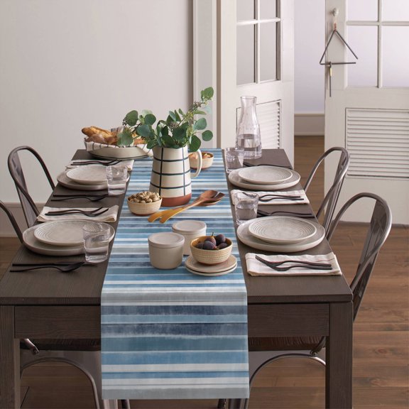 Nordic Blue White Geometric Stripes Table Runner 13x70in Non-Slip Cotton Linen Table Runners, Gradient Abstract Art Dresser Scarves TableRunner for Dinner Kitchen Dining Wedding Party