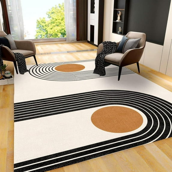 Nordic Boho Lines Orange Geometric Area Rug, Modern Mid-Century Cream Indoor Non-Slip Rugs, For Living Room Bedroom Kitchen Dining Room Home Office Floor Rug 4x5ft