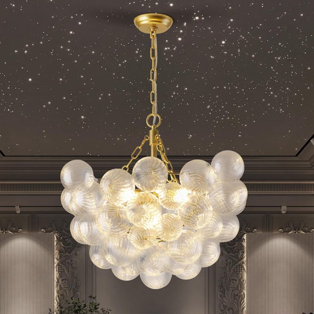 Gold Bubble Ball Swirled Chandelier - 12-Light, Hand-Blown Glass, Adjustable Height, For Dining Room & Kitchen Island