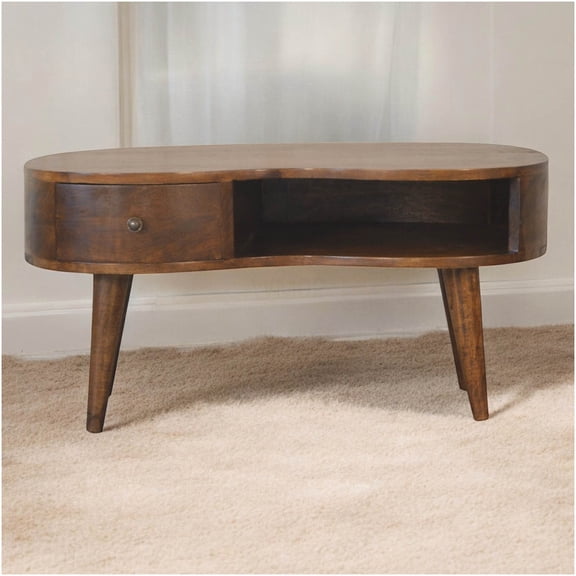 Nordic Chestnut Wave Coffee Table with Drawer & Open Shelf, Solid Wood Scandinavian End Table