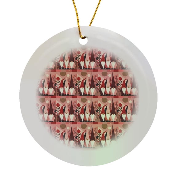 3drose, Nordic Christmas Gnomes Mid-century Modern Kitschmas Pattern, Circle Porcelain Ornament