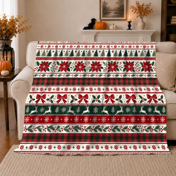 Nordic Christmas Reindeer Snowflakes Traditional, Festive Holiday Scene, Warm Flannel Blanket for Living Room and Family Room, Art Lovers Christmas Gift, Festive Home Decor