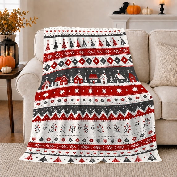 Nordic Christmas Village with Trees, Festive Fair Isle Style for Holiday Lovers, Cozy Red Grey Snow Scene, Flannel Blanket for Family Room and Cabin, Christmas Gift and Winter Home Decor