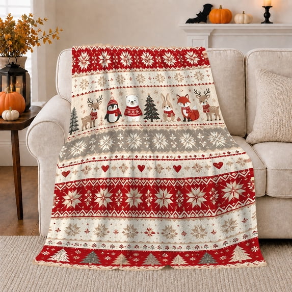 Nordic Christmas animals snowflakes red Flannel Blanket for bedroom nursery living room playroom Home Decor cute woodland holiday stripe winter art Gift for kids