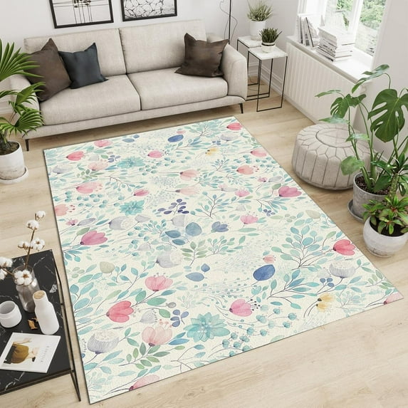 Nordic Color Floral Area Rug Country Watercolor Art Narcissus Large Rugs Indoor Non Slip Machine Washable Breathable Durable Carpet Front Entrance Floor Decor 5x6 Non-slip Soft