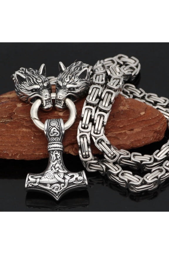 Nordic Culture Retro Men's Necklace Viking Wolf Head Stainless Steel