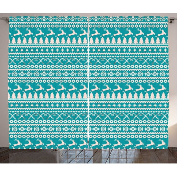 Ambesonne Nordic Curtains 2 Panel Set, Trees Stars Reindeers, 108" x 63", Turquoise Cream