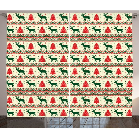 Ambesonne Nordic Curtains 2 Panel Set, Pixel Art Christmas, 108" x 96", Emerald Beige Scarlet