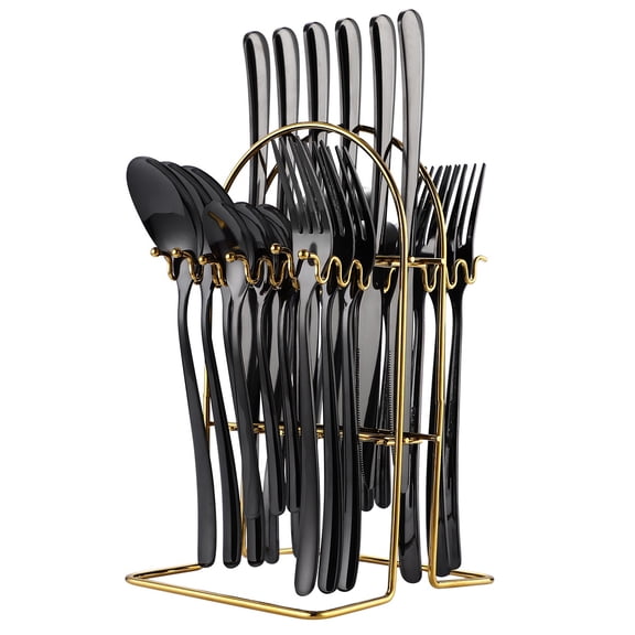 Nordic Cutlery 24Pcs Rack Set Stainless Steel with Knife Fork Spoon Tea Cutleries Black