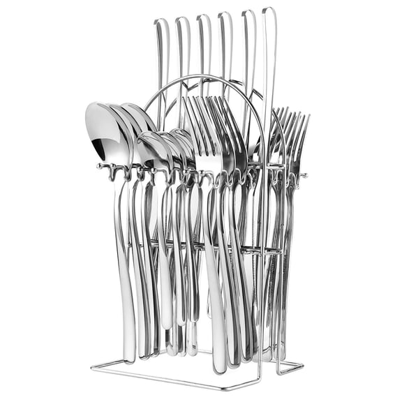 Nordic Cutlery 24Pcs Rack Set Stainless Steel with Knife Fork Spoon Tea Cutleries Silver