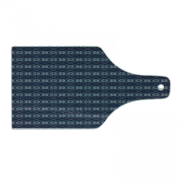 Nordic Cutting Board, Winter Holiday Fair Isle Pattern Digital Print Snowflakes, Decorative Tempered Glass Cutting and Serving Board, Wine Bottle Shape, Pale Blue Navy Blue, by Ambesonne