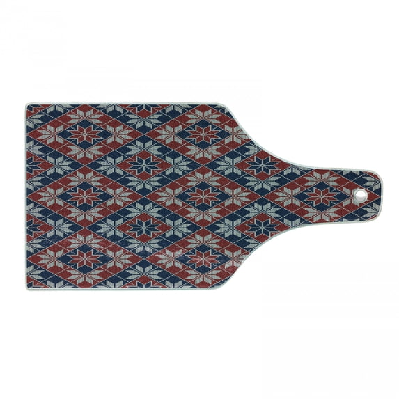 Nordic Cutting Board, Wool Knit Pattern with Tartan Geometric Stripes Flower Print, Decorative Tempered Glass Cutting and Serving Board, Wine Bottle Shape, Ruby Dark Blue Coconut, by Ambesonne