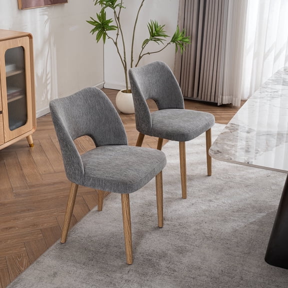 Nordic Dining Chairs Set of 2, Solid Wood Upholstered Fabric Chairs with Comfortable Backrest, Modern Minimalist Living Room/Restaurant Furniture - Gray