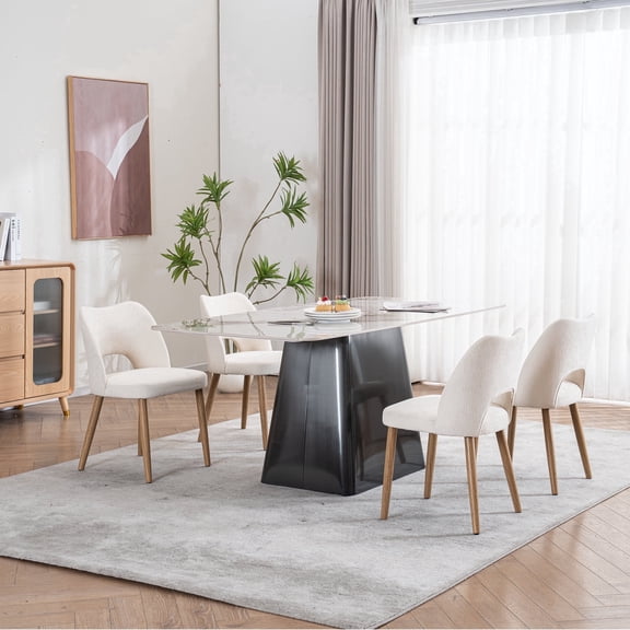 Nordic Dining Chairs Set of 4, Solid Wood Upholstered Fabric Chairs with Comfortable Backrest, Modern Minimalist Living Room/Restaurant Furniture - Beige