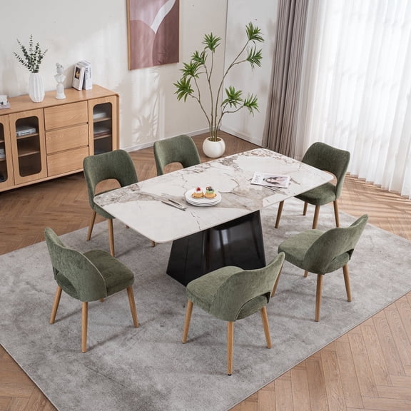 ENYLAY Nordic Upholstered Dining Chairs, Solid Wood Fabric Set of 6, Green