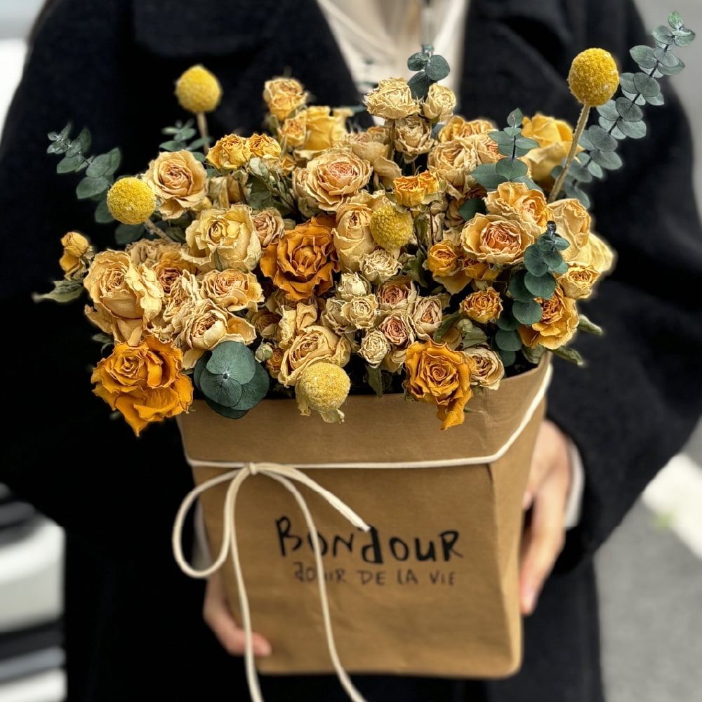 Nordic Dried & Preserved Flower Hug Bag, Yellow/Purple Real Rose, Living Room Decor, Valentine's Day & Birthday Gift