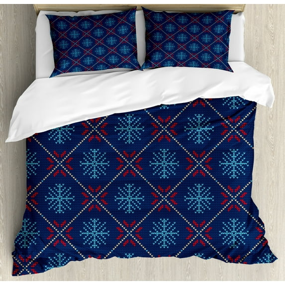 Nordic Duvet Cover Set King Size, Checkered Pattern with Vintage Snowflake Motifs Norwegian Traditional Xmas, Decorative 3 Piece Bedding Set with 2 Pillow Shams, Blue Beige Scarlet, by Ambesonne