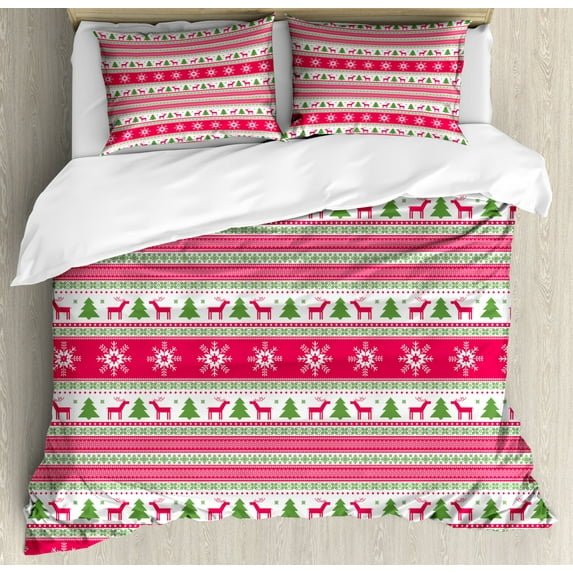 Nordic Duvet Cover Set King Size, Classical Reindeers Snowflakes Trees Christmas Pattern Needlework Design, Decorative 3 Piece Bedding Set with 2 Pillow Shams, Pink Lime Green White, by Ambesonne