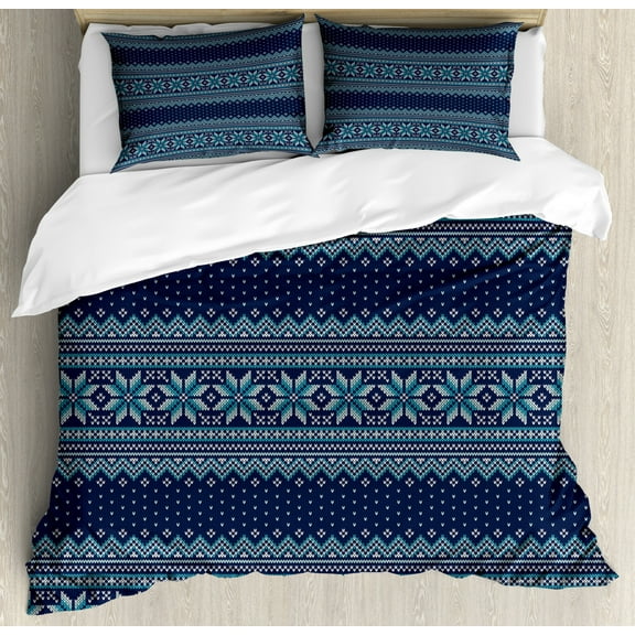 Nordic Duvet Cover Set King Size, Festive Knitted Pattern with Chevron Herringbone Abstract Snowflake, Decorative 3 Piece Bedding Set with 2 Pillow Shams, Dark Blue Turquoise White, by Ambesonne