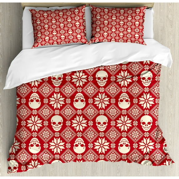 Nordic Duvet Cover Set King Size, Nordic Stitch Skull Pattern with Snowflakes and Floral Design Ornamental Knit Design, Decorative 3 Piece Bedding Set with 2 Pillow Shams, Red Beige, by Ambesonne