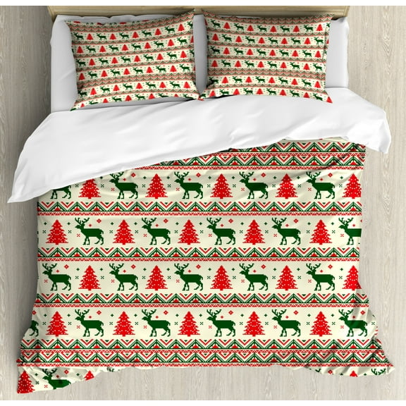 Nordic Duvet Cover Set King Size, Pixel Art Inspirations Christmas Ornamental December Reindeers Vintage, Decorative 3 Piece Bedding Set with 2 Pillow Shams, Emerald Beige Scarlet, by Ambesonne