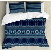 Nordic Duvet Cover Set Queen Size, Festive Knitted Pattern with Chevron Herringbone Abstract Snowflake, Decorative 3 Piece Bedding Set with 2 Pillow Shams, Dark Blue Turquoise White, by Ambesonne