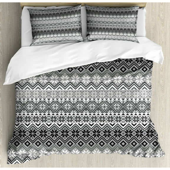 Nordic Duvet Cover Set Queen Size, Knitting Theme Chevron Pixel Art Pattern Scandinavian Ornament Classic Motifs, Decorative 3 Piece Bedding Set with 2 Pillow Shams, Grey White Black, by Ambesonne