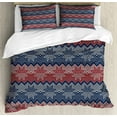 thumbnail image 1 of Nordic Duvet Cover Set Queen Size, Traditional Knitting Motif with Embroidery Style Floral Old Fashion Image, Decorative 3 Piece Bedding Set with 2 Pillow Shams, Red Dark Blue Coconut, by Ambesonne, 1 of 3